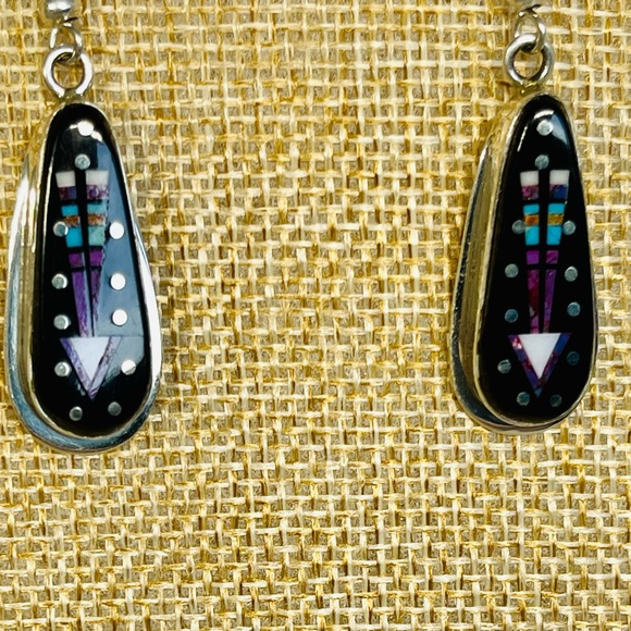 Sterling and Multi-Stone Inlay Teardrop Native American Earrings - Picture 7 of 9